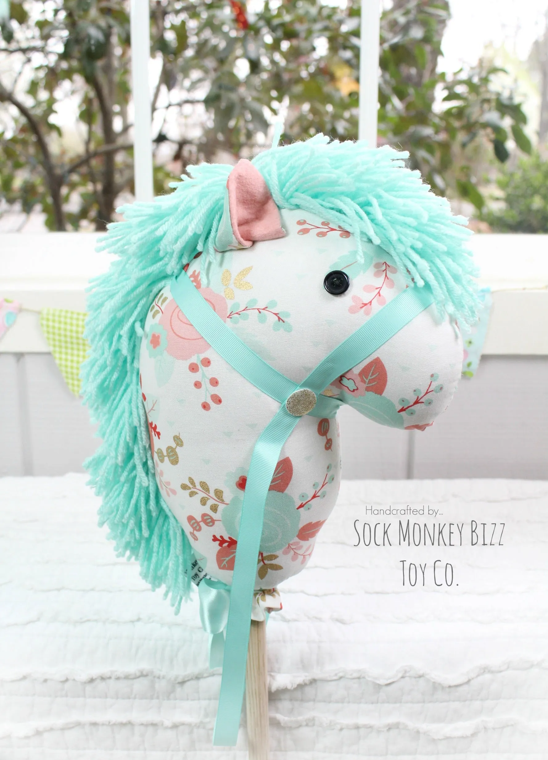 Stick Horse - Handcrafted Child's Toy Hobby Horse, Peach Aqua and Gold Floral