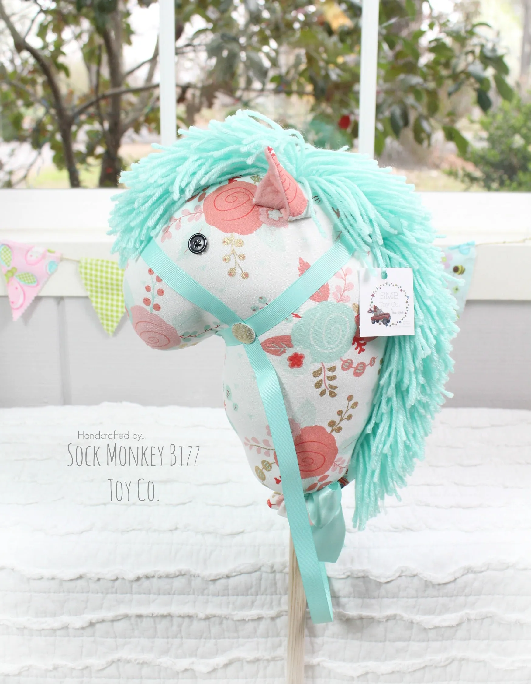 Stick Horse - Handcrafted Child's Toy Hobby Horse, Peach Aqua and Gold Floral