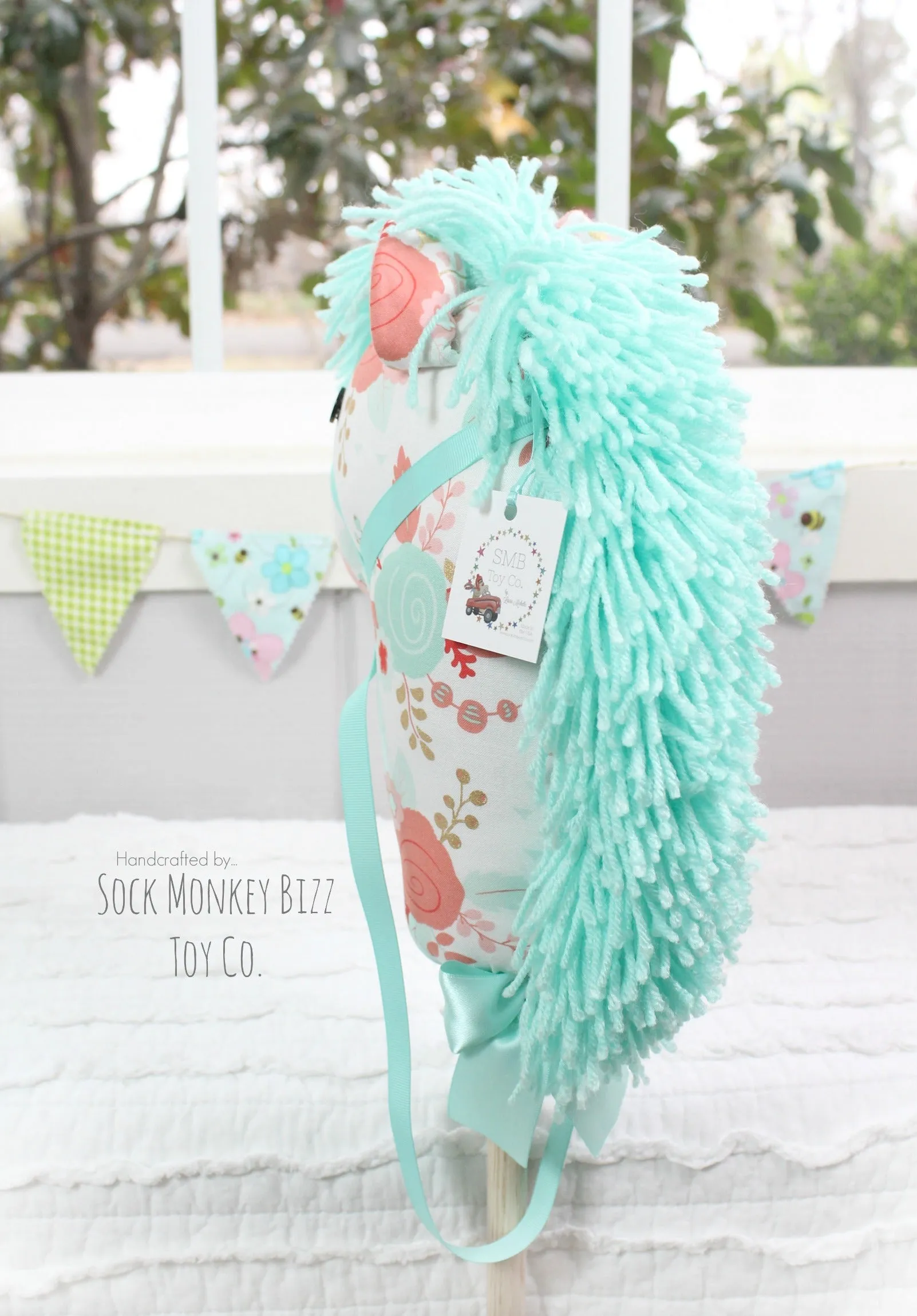 Stick Horse - Handcrafted Child's Toy Hobby Horse, Peach Aqua and Gold Floral