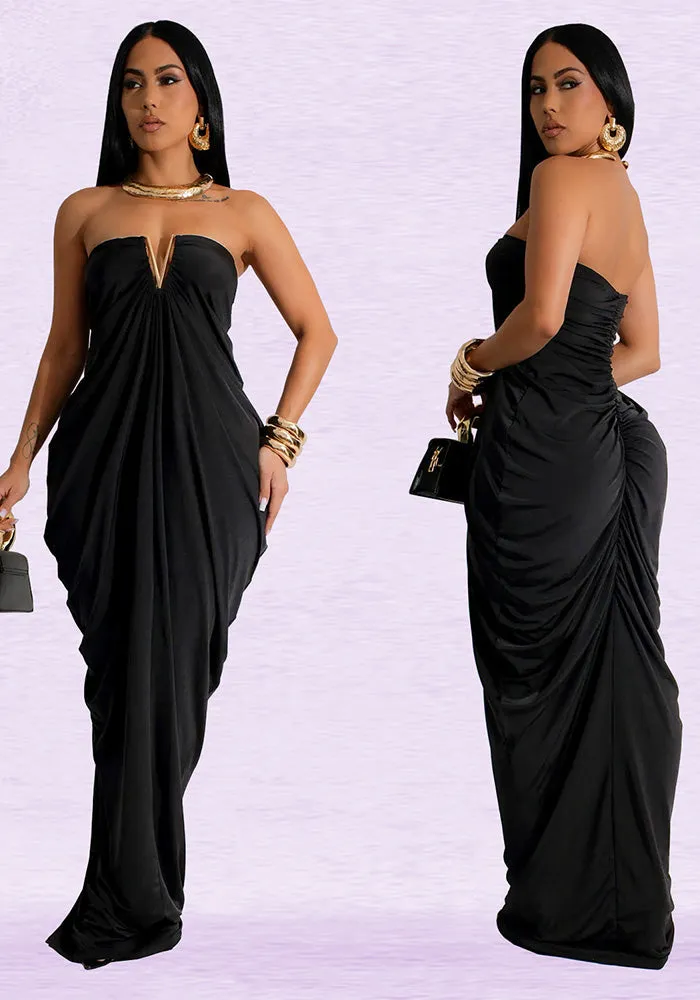 Strapless Draped V Neck Gown with Elegant Flowing Silhouette