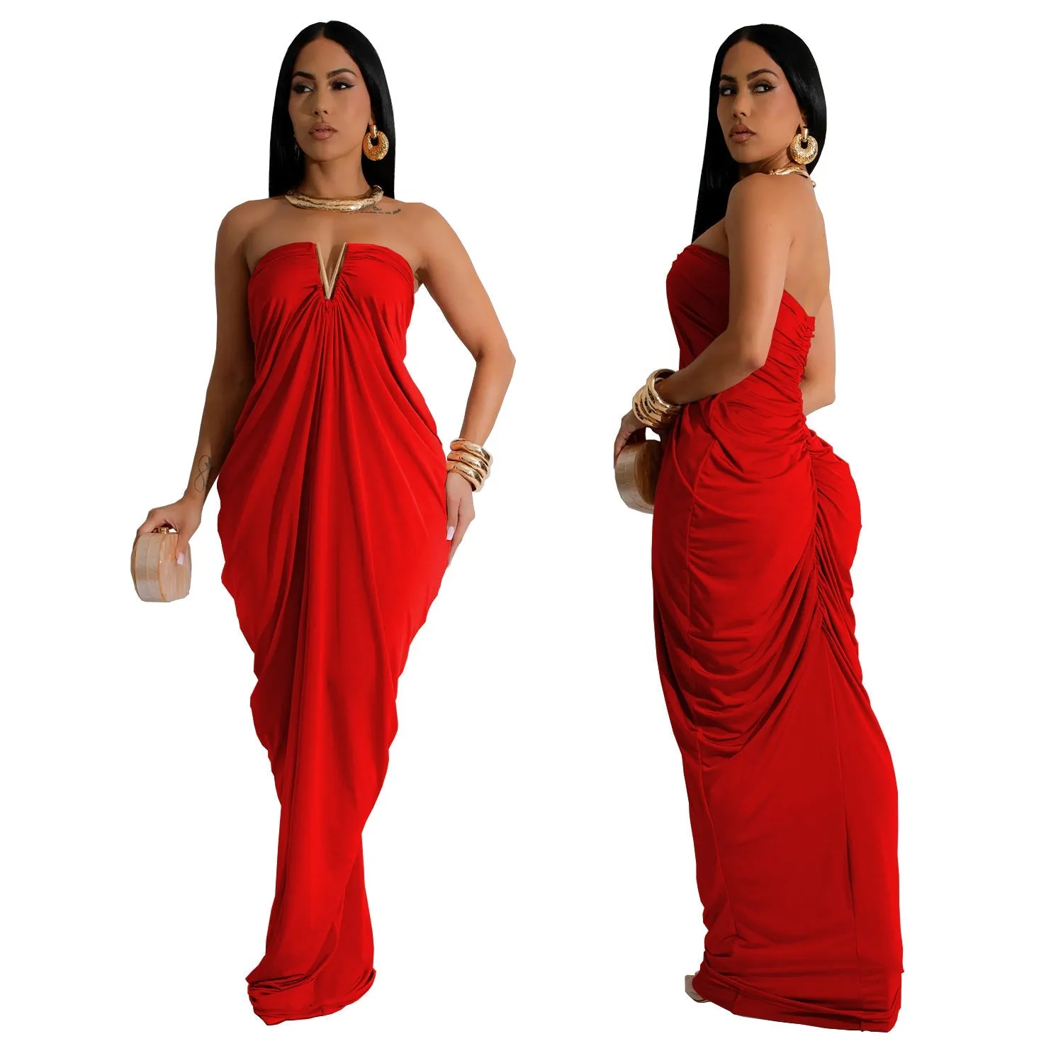 Strapless Draped V Neck Gown with Elegant Flowing Silhouette