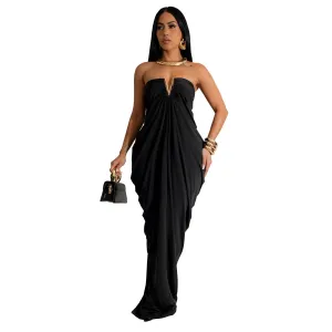 Strapless Draped V Neck Gown with Elegant Flowing Silhouette