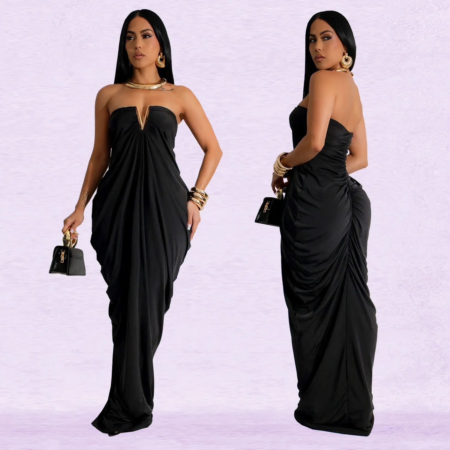 Strapless Draped V Neck Gown with Elegant Flowing Silhouette