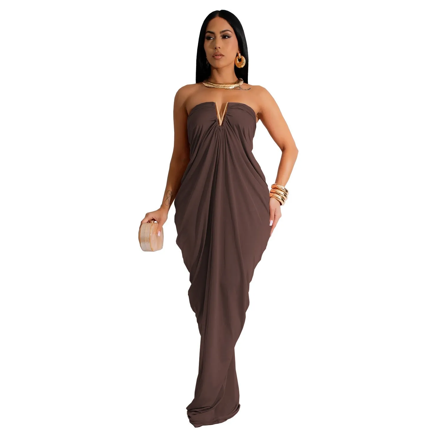 Strapless Draped V Neck Gown with Elegant Flowing Silhouette