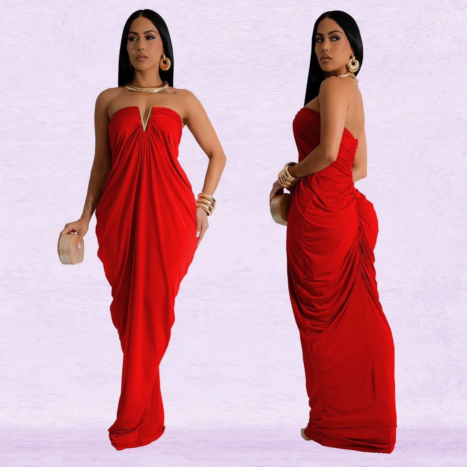 Strapless Draped V Neck Gown with Elegant Flowing Silhouette