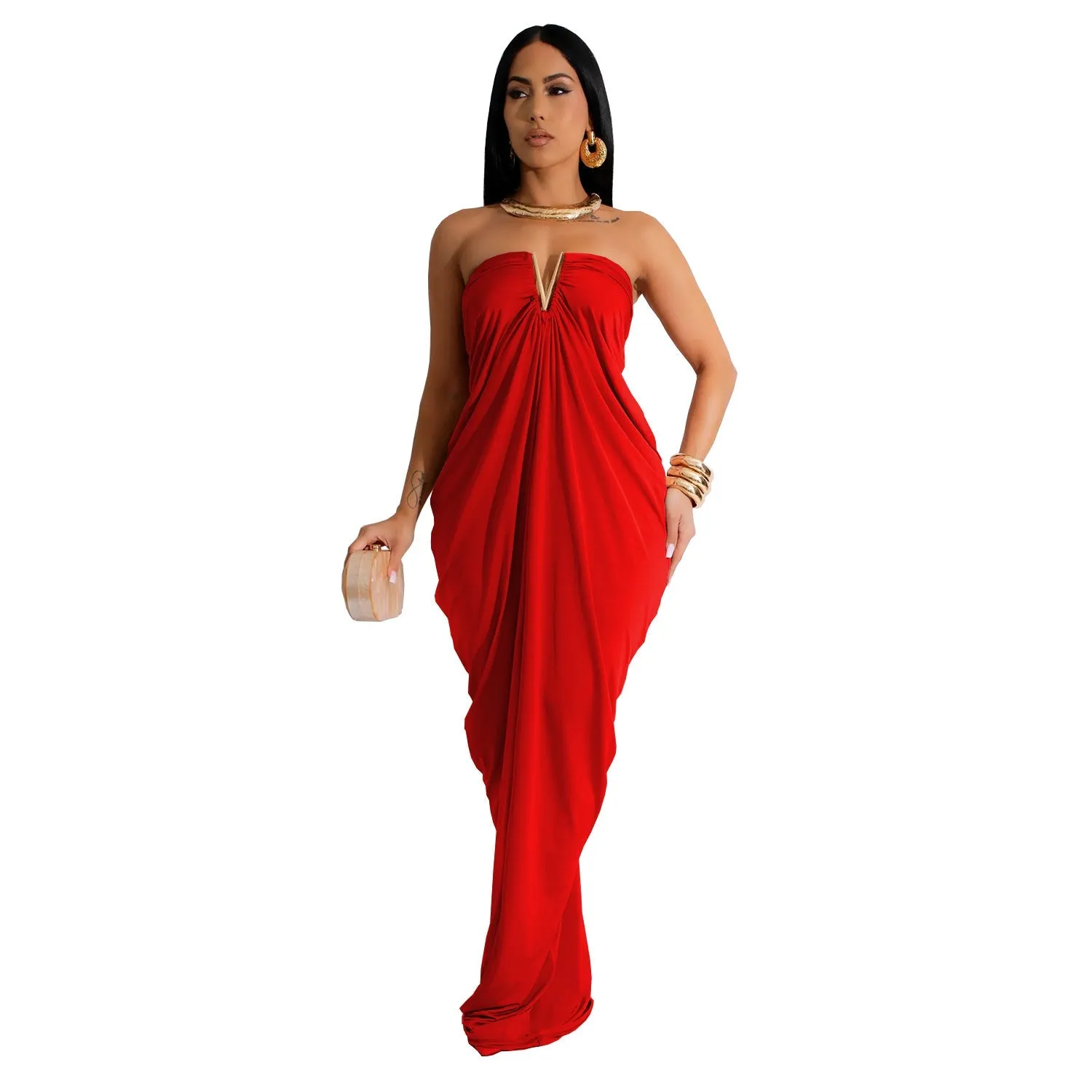 Strapless Draped V Neck Gown with Elegant Flowing Silhouette