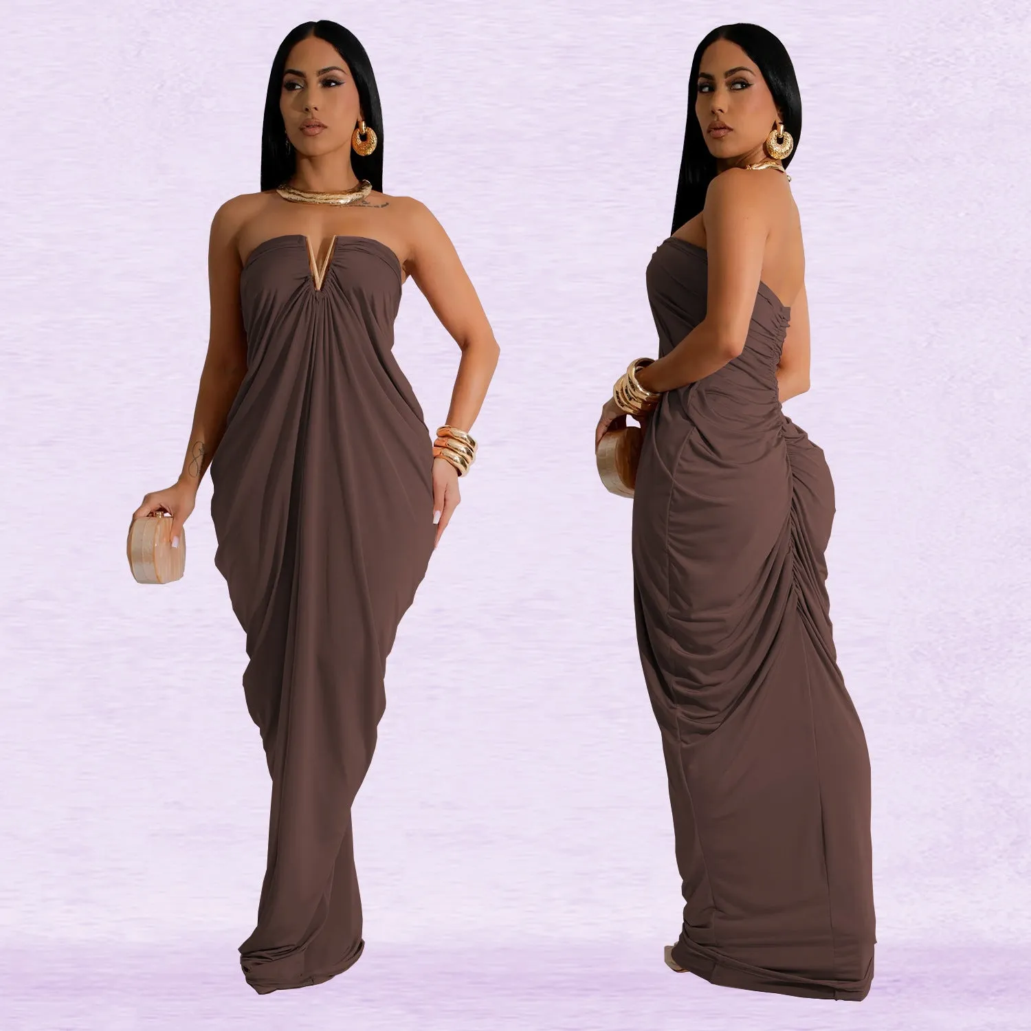 Strapless Draped V Neck Gown with Elegant Flowing Silhouette