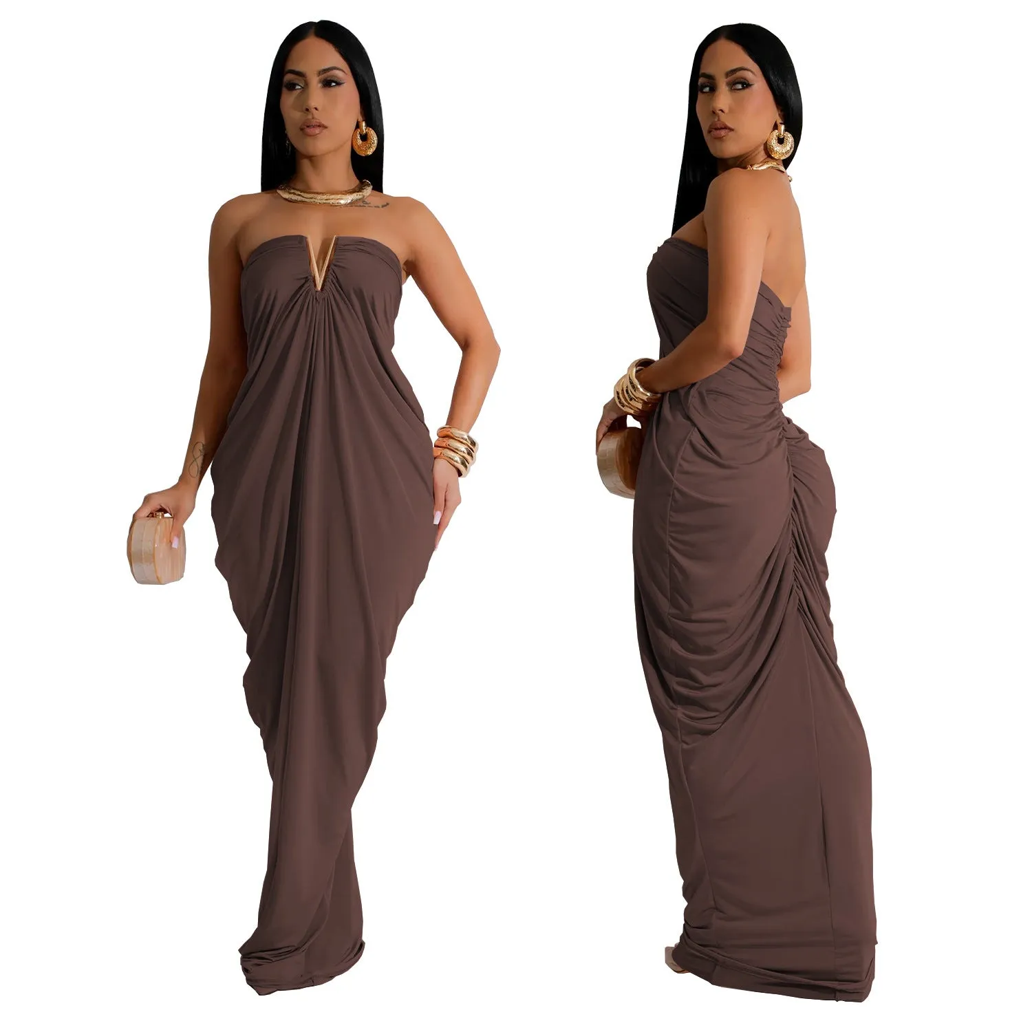 Strapless Draped V Neck Gown with Elegant Flowing Silhouette