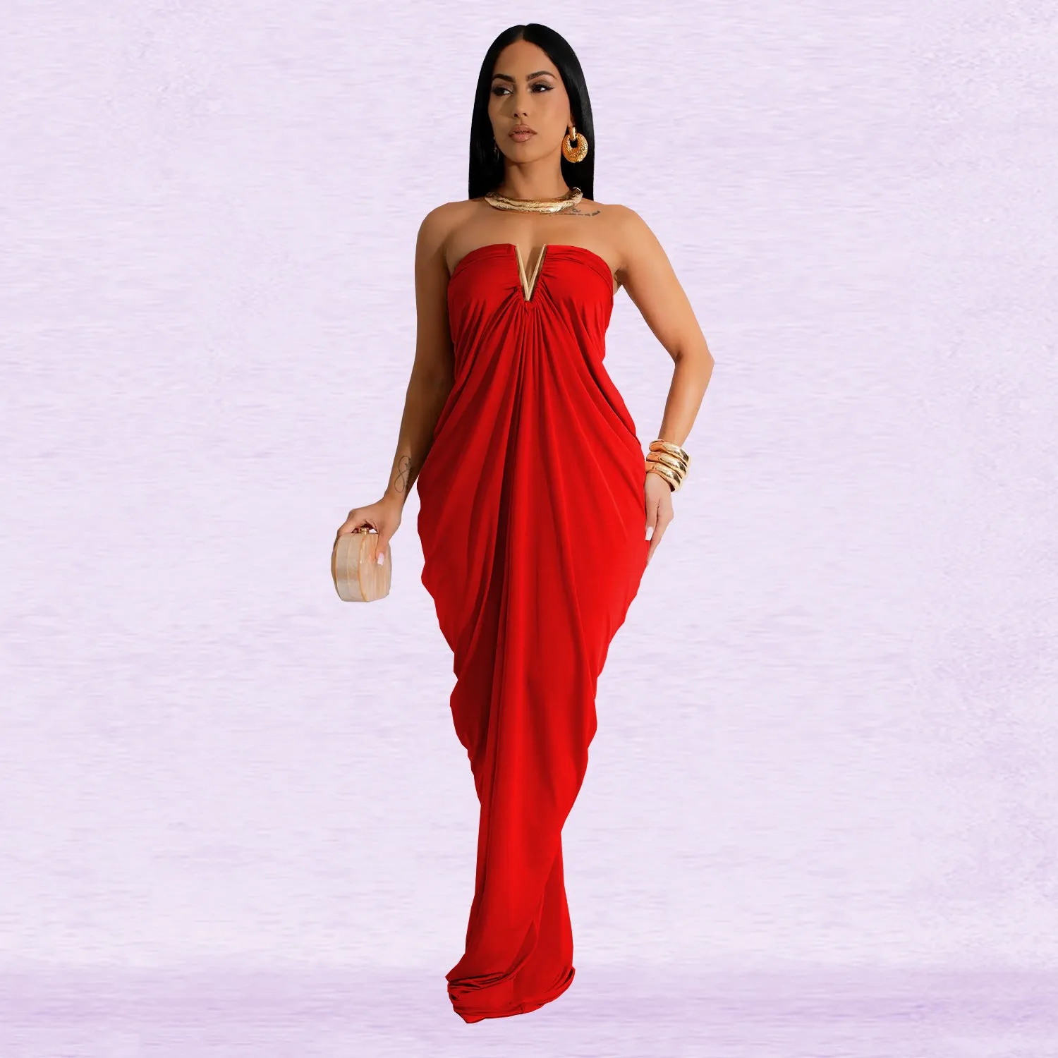 Strapless Draped V Neck Gown with Elegant Flowing Silhouette