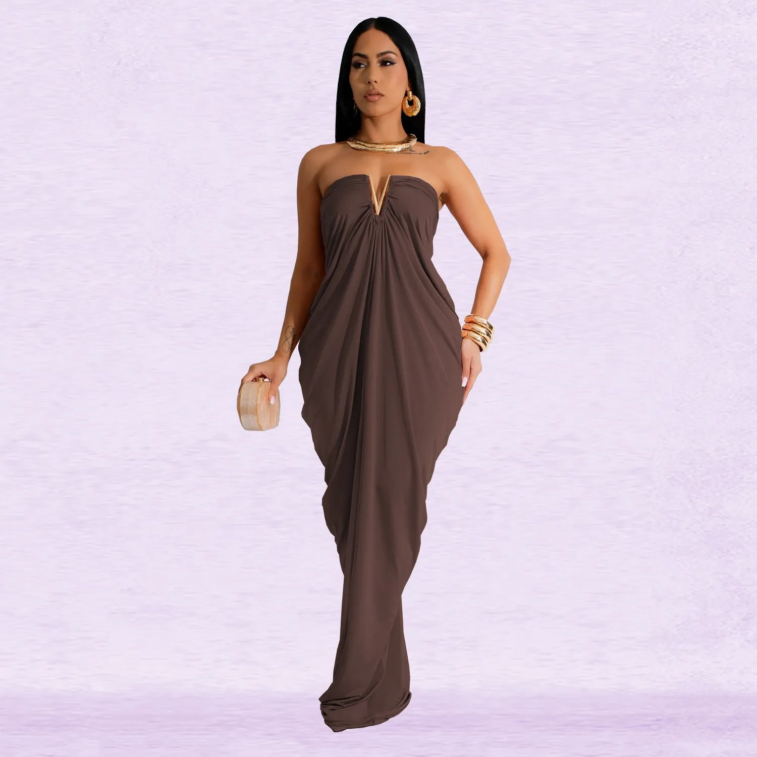 Strapless Draped V Neck Gown with Elegant Flowing Silhouette
