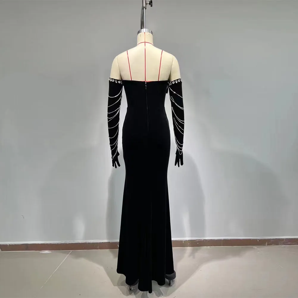 Strapless Sleeveless Drill Chain Maxi Bodycon Dress HT949