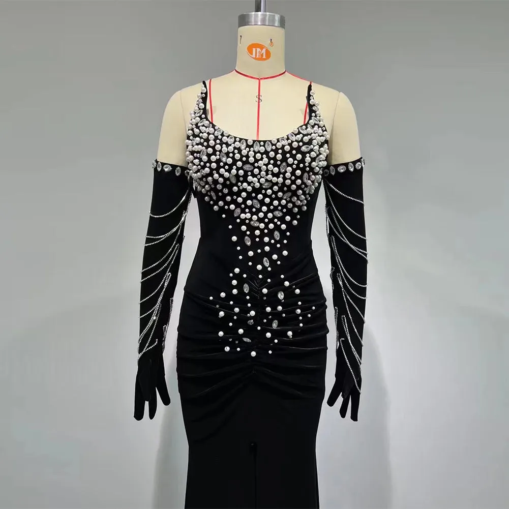 Strapless Sleeveless Drill Chain Maxi Bodycon Dress HT949