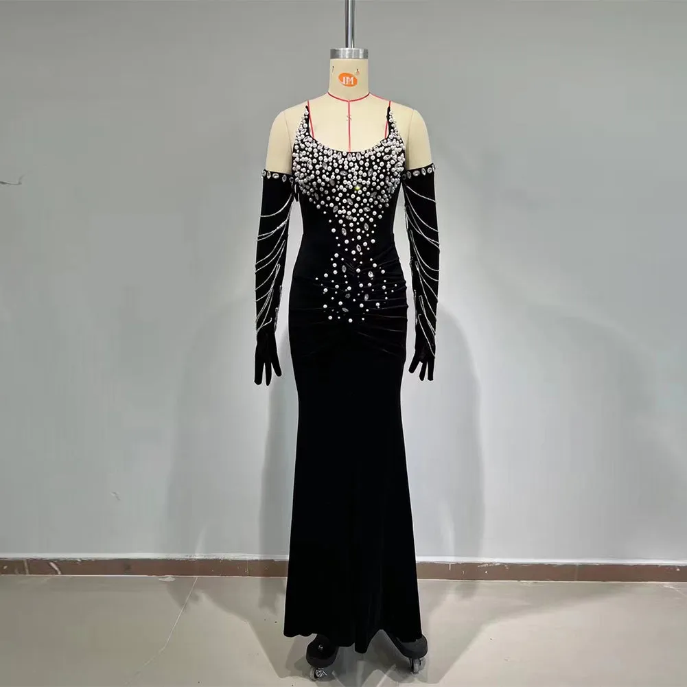 Strapless Sleeveless Drill Chain Maxi Bodycon Dress HT949