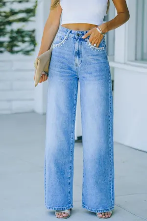 Street Solid Patchwork High Waist Boot Cut Denim Jeans