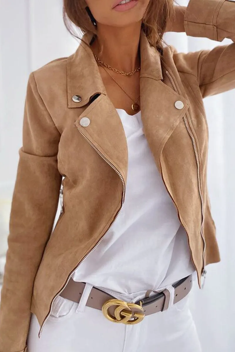 Street Solid Zipper Turn-back Collar Outerwear