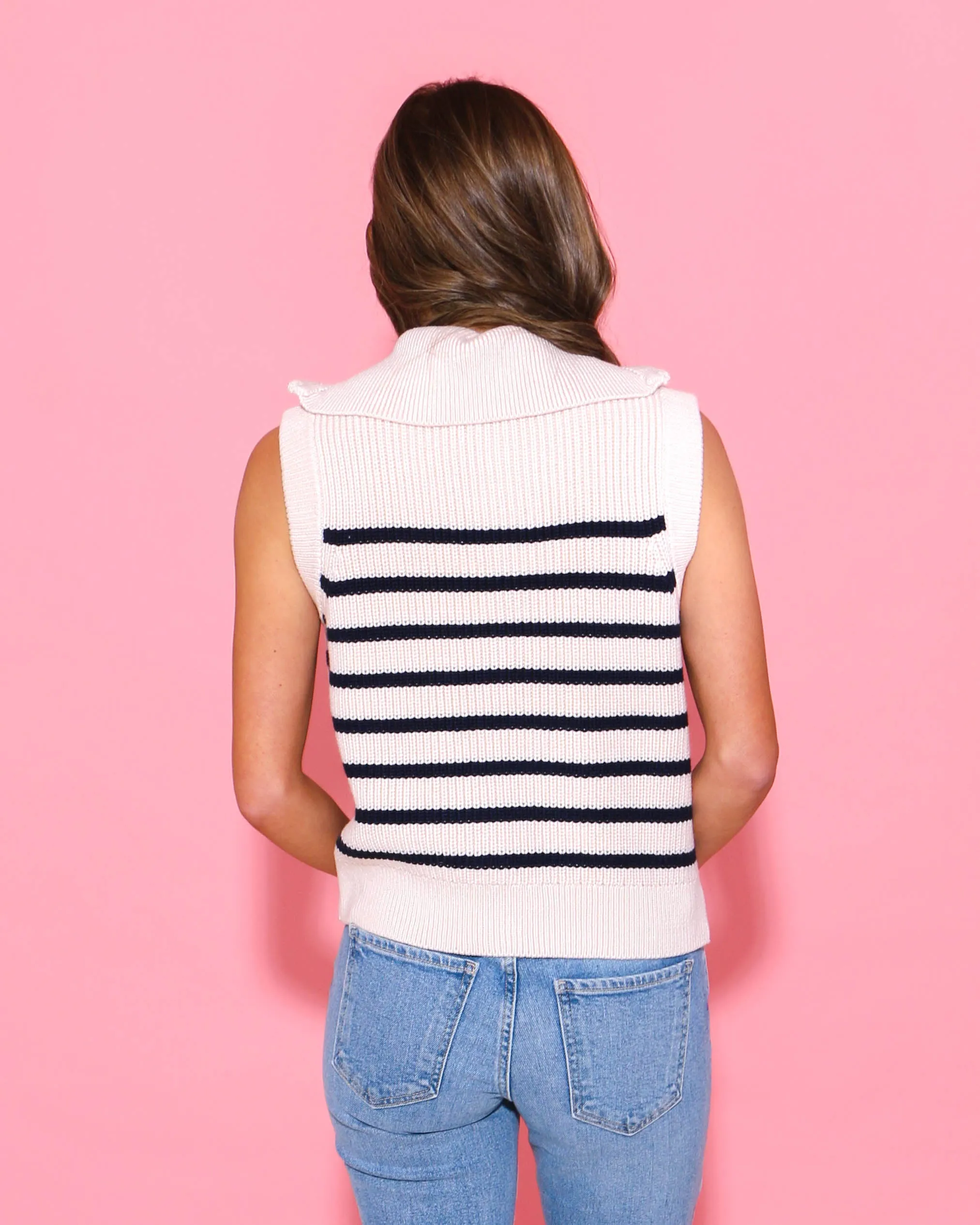Stripe Half Zip Up Sleeveless Knit Top