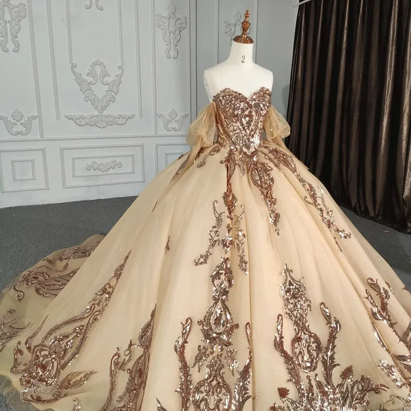 Stunning Gold Off-the-shoulder Quinceanera Dresses Long sleeves Evening Party Dresses with Sequins
