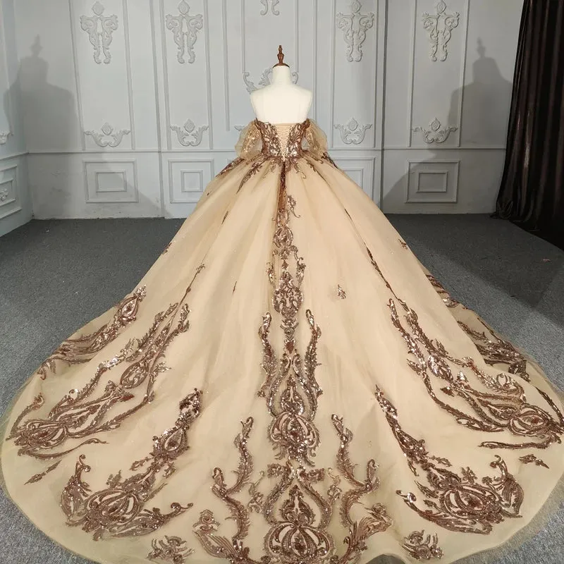 Stunning Gold Off-the-shoulder Quinceanera Dresses Long sleeves Evening Party Dresses with Sequins