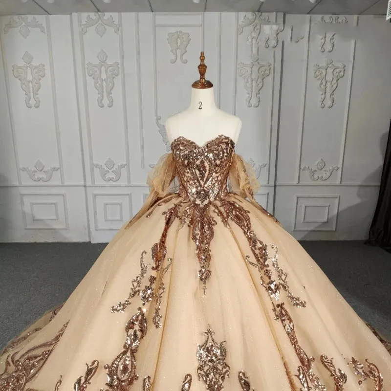 Stunning Gold Off-the-shoulder Quinceanera Dresses Long sleeves Evening Party Dresses with Sequins
