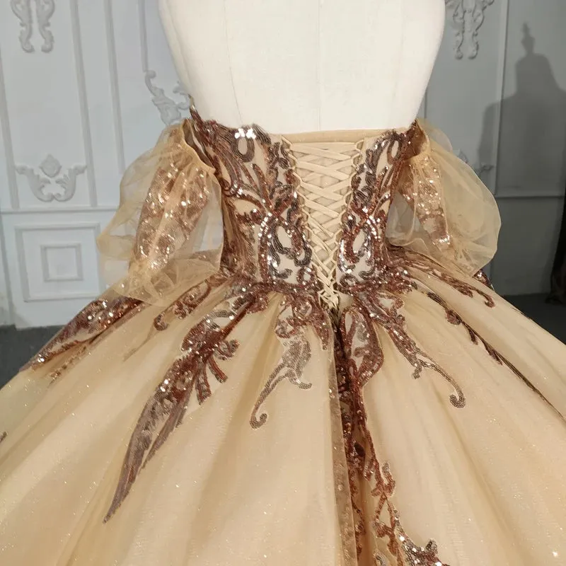 Stunning Gold Off-the-shoulder Quinceanera Dresses Long sleeves Evening Party Dresses with Sequins
