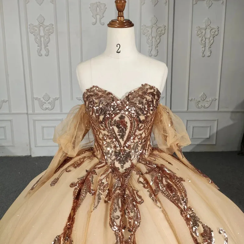 Stunning Gold Off-the-shoulder Quinceanera Dresses Long sleeves Evening Party Dresses with Sequins