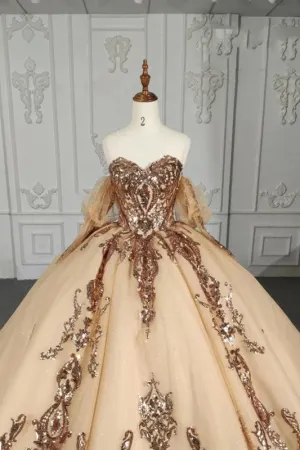 Stunning Gold Off-the-shoulder Quinceanera Dresses Long sleeves Evening Party Dresses with Sequins