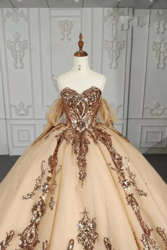 Stunning Gold Off-the-shoulder Quinceanera Dresses Long sleeves Evening Party Dresses with Sequins