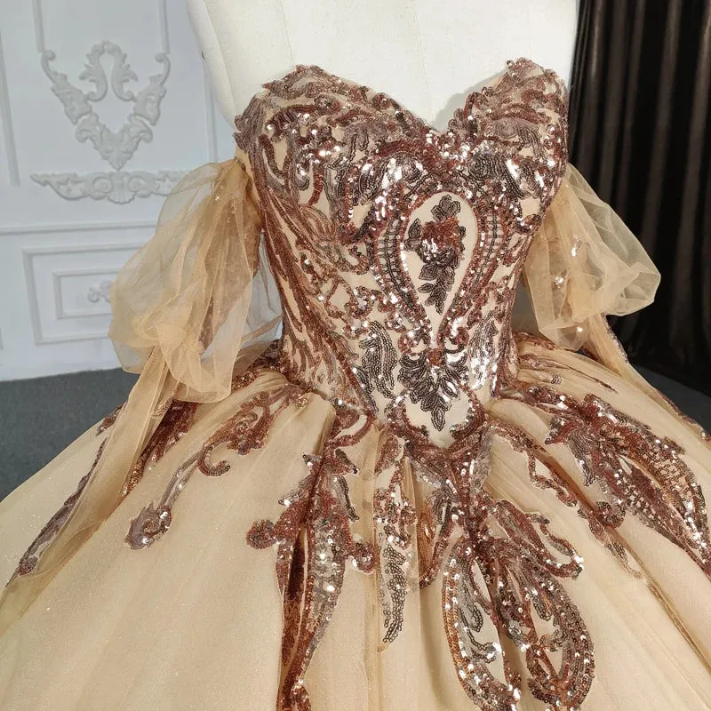 Stunning Gold Off-the-shoulder Quinceanera Dresses Long sleeves Evening Party Dresses with Sequins