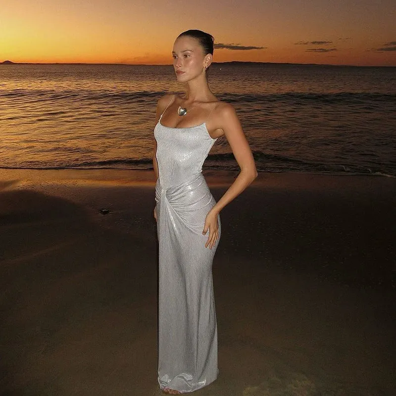 Stunning Metallic Backless Spaghetti Strap Bodycon Maxi Dress