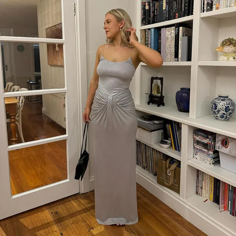 Stunning Metallic Backless Spaghetti Strap Bodycon Maxi Dress