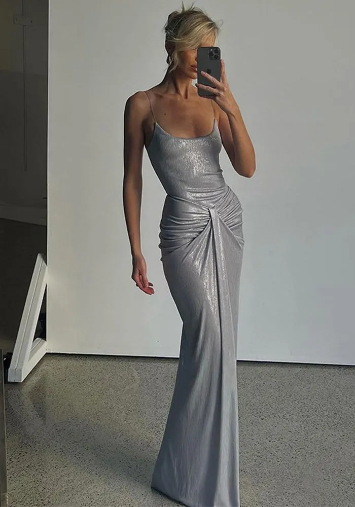 Stunning Metallic Backless Spaghetti Strap Bodycon Maxi Dress