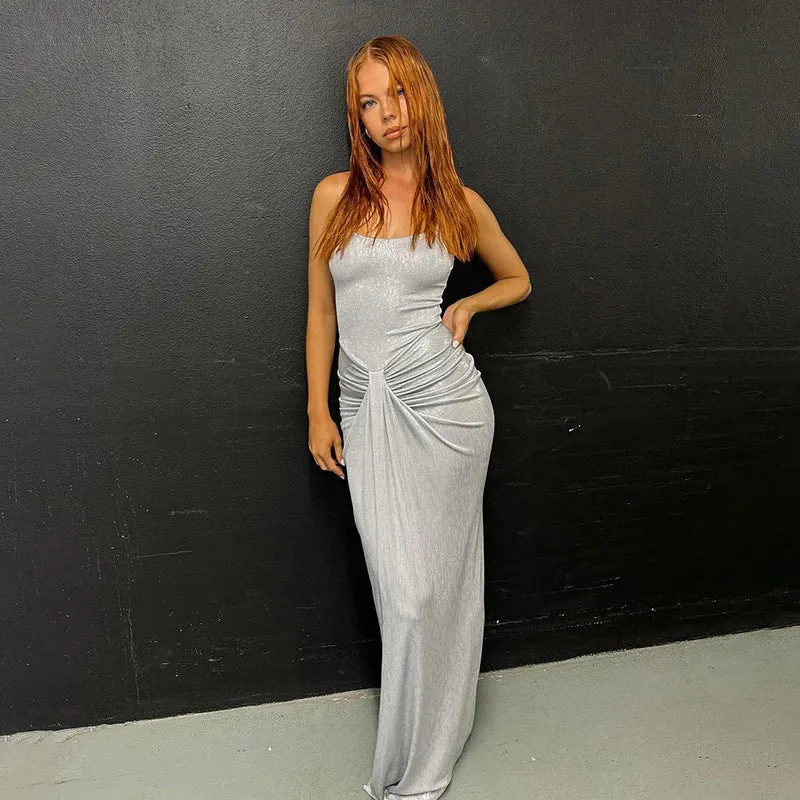 Stunning Metallic Backless Spaghetti Strap Bodycon Maxi Dress