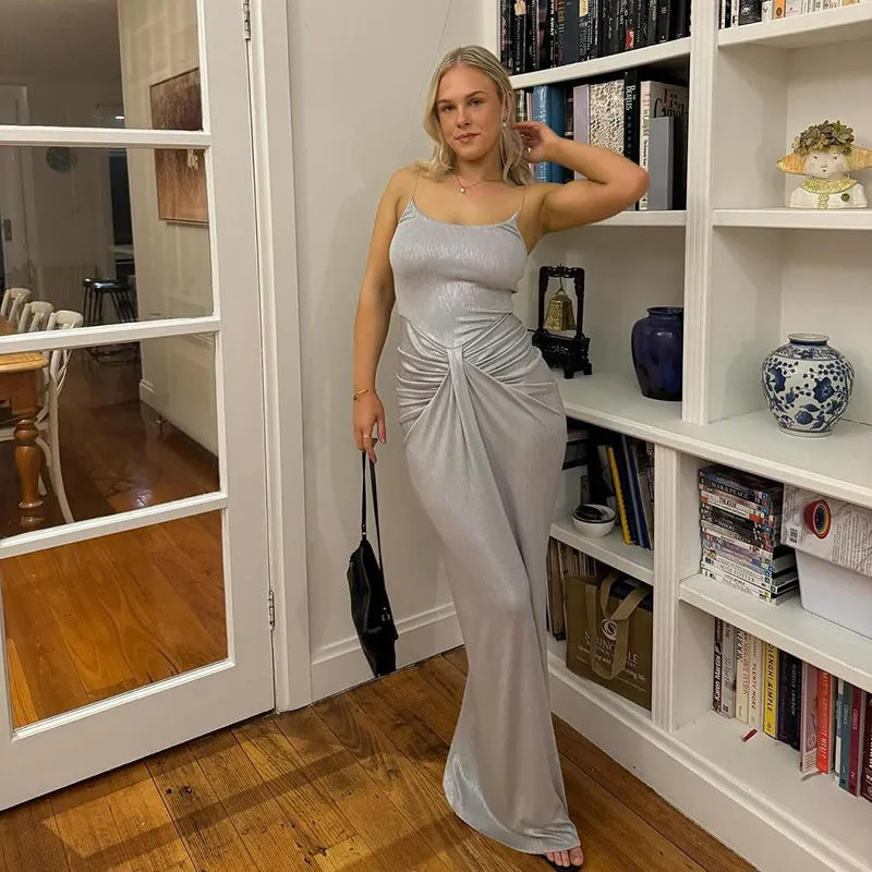 Stunning Metallic Backless Spaghetti Strap Bodycon Maxi Dress