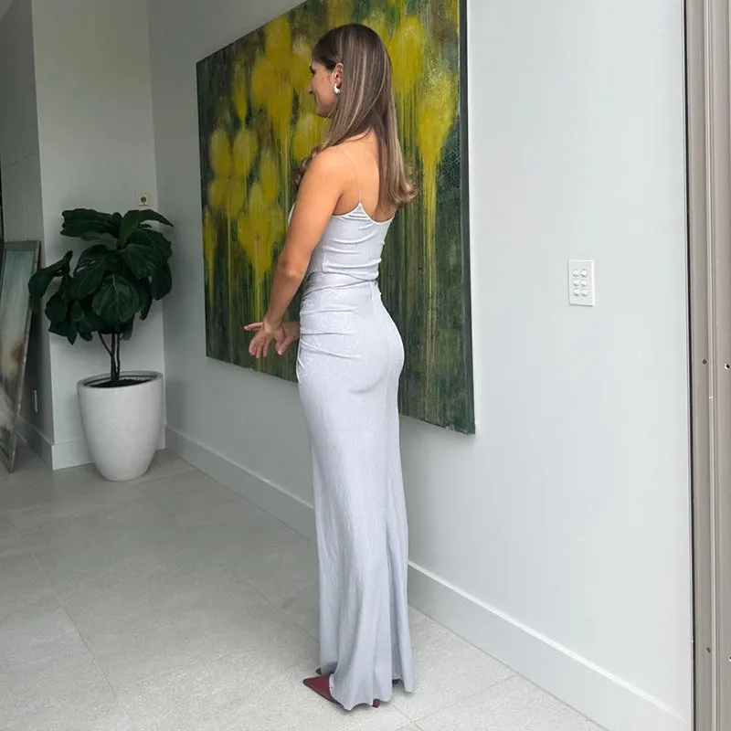 Stunning Metallic Backless Spaghetti Strap Bodycon Maxi Dress