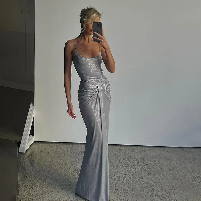 Stunning Metallic Backless Spaghetti Strap Bodycon Maxi Dress