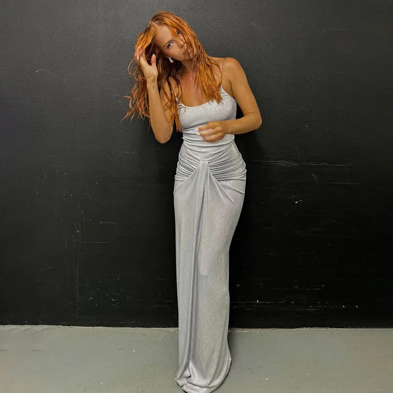 Stunning Metallic Backless Spaghetti Strap Bodycon Maxi Dress