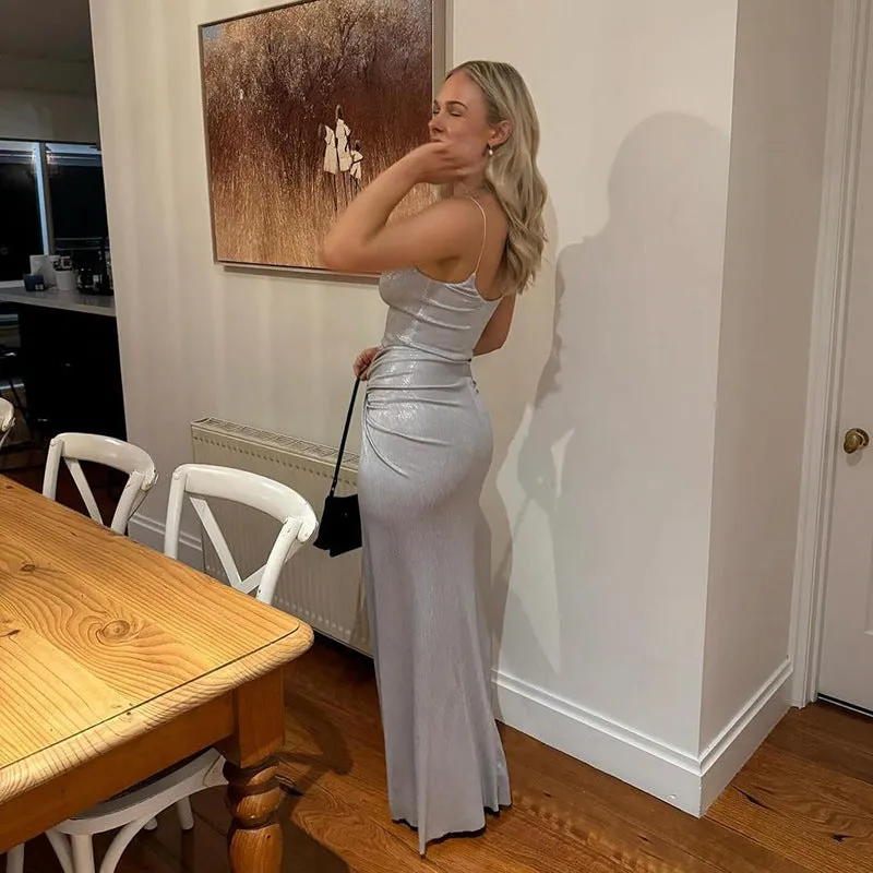 Stunning Metallic Backless Spaghetti Strap Bodycon Maxi Dress