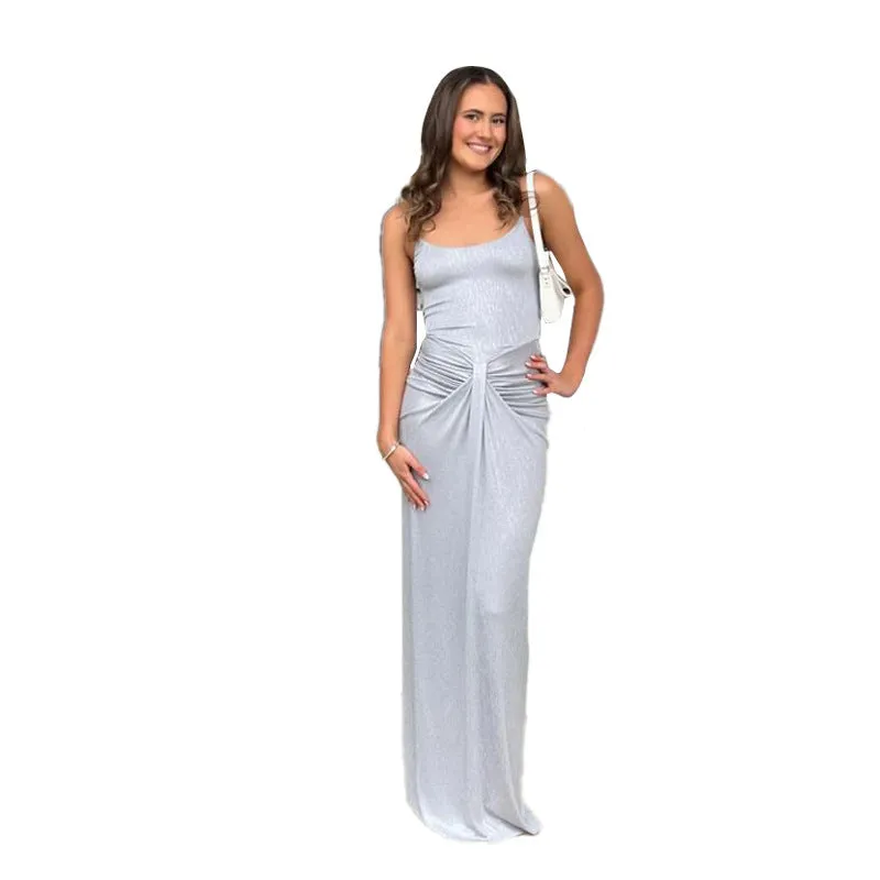 Stunning Metallic Backless Spaghetti Strap Bodycon Maxi Dress