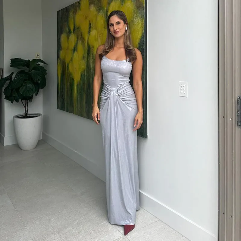 Stunning Metallic Backless Spaghetti Strap Bodycon Maxi Dress