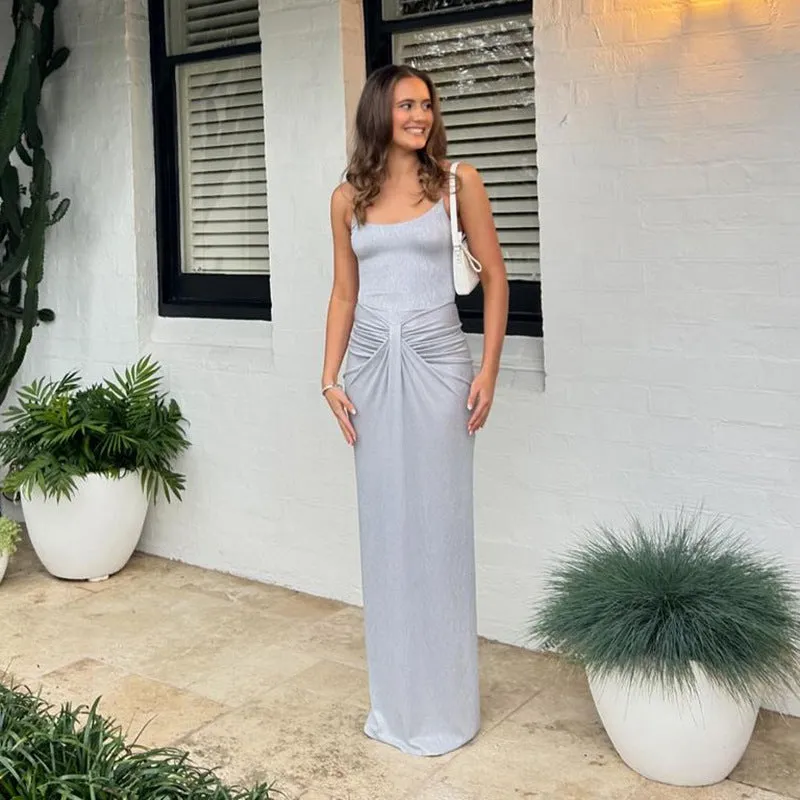 Stunning Metallic Backless Spaghetti Strap Bodycon Maxi Dress