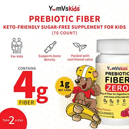 Sugar Free Fiber Gummies for Kids by YumVs | Zero Keto Prebiotic Gummy Chews for Toddlers | 4 g Fiber for Children Constipation Support | Natural Kosher Halal Berry Chewable | 2-Pack, 70 Count Each
