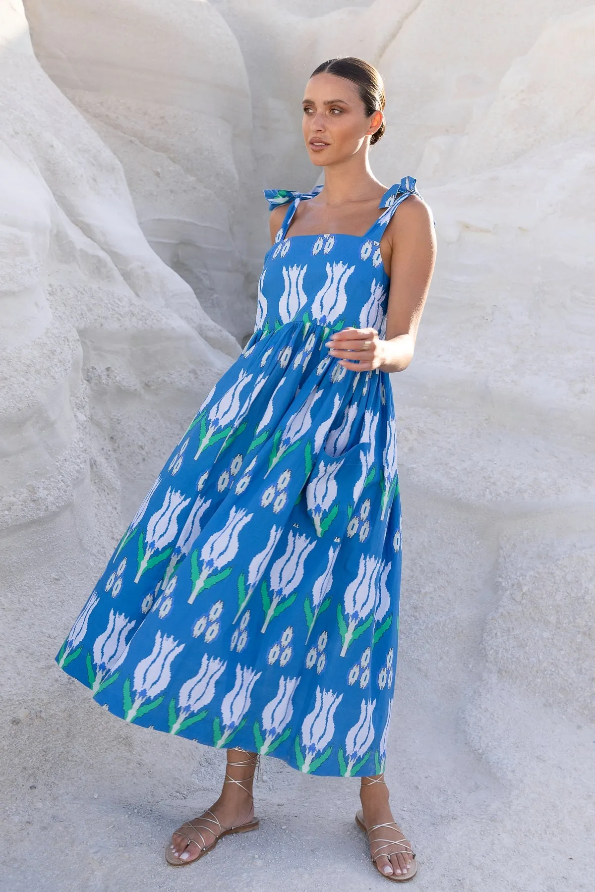 Sumba Blue Tie Strap Midi Dress