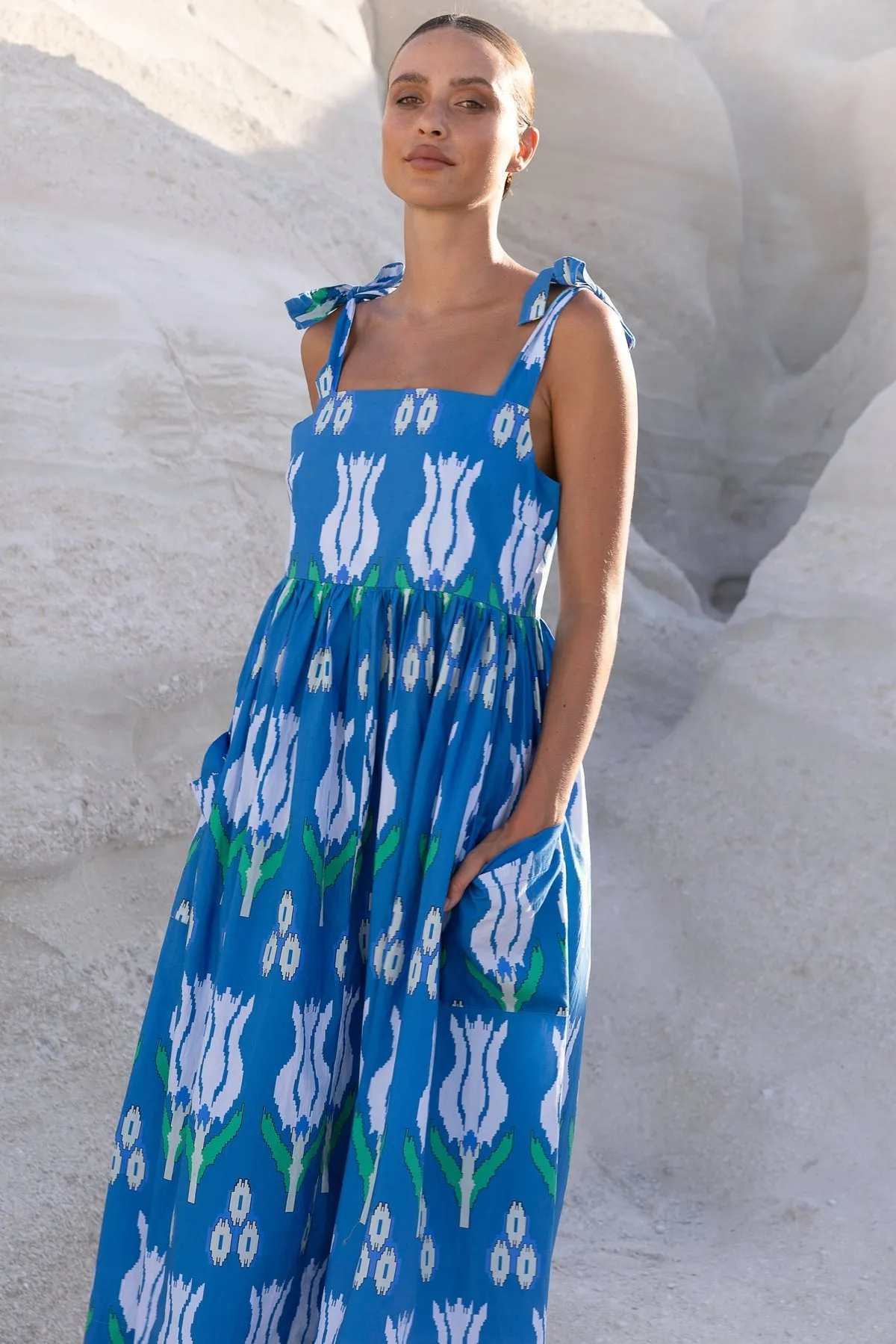 Sumba Blue Tie Strap Midi Dress