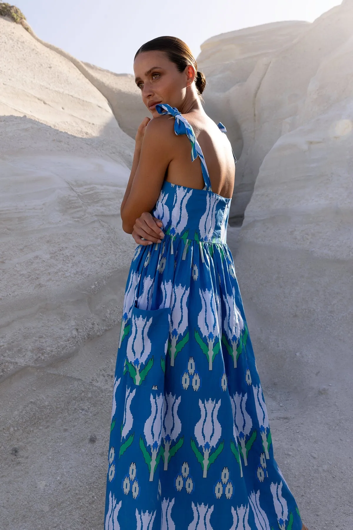Sumba Blue Tie Strap Midi Dress