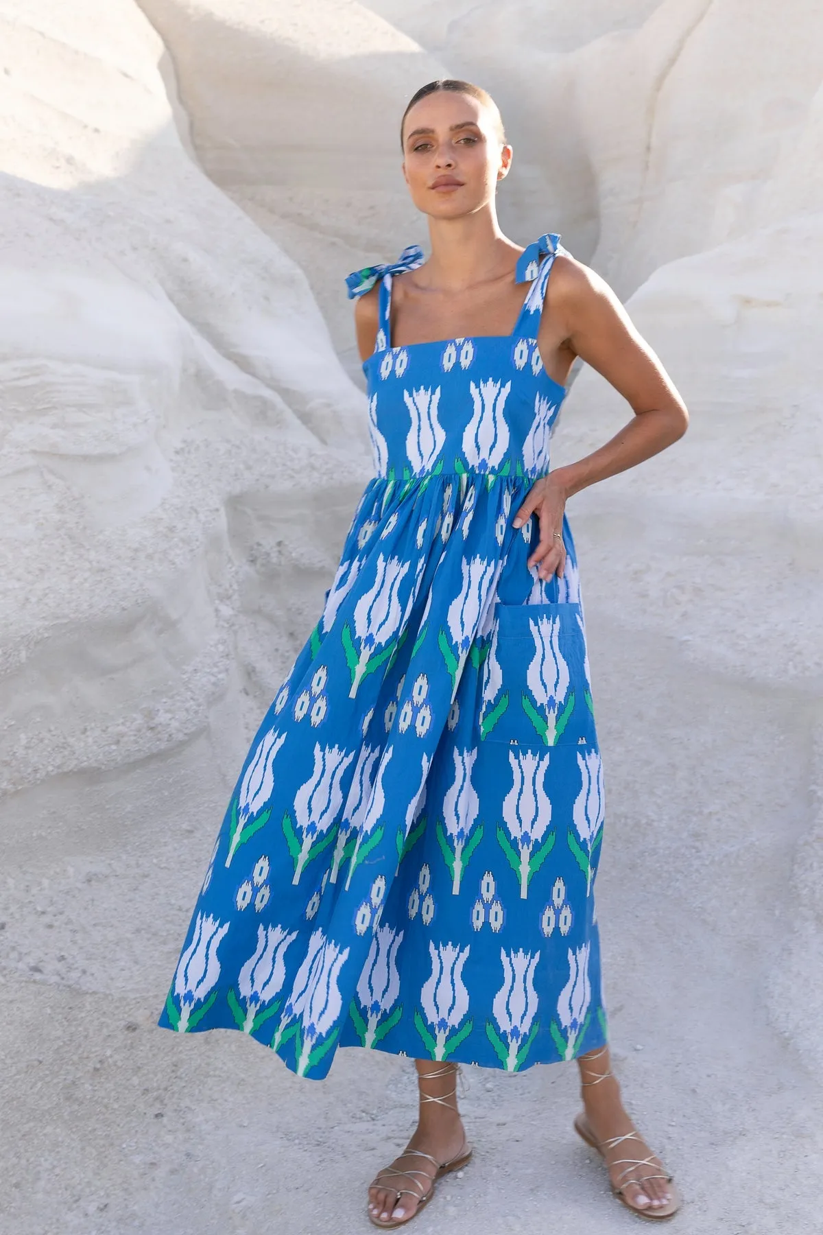 Sumba Blue Tie Strap Midi Dress