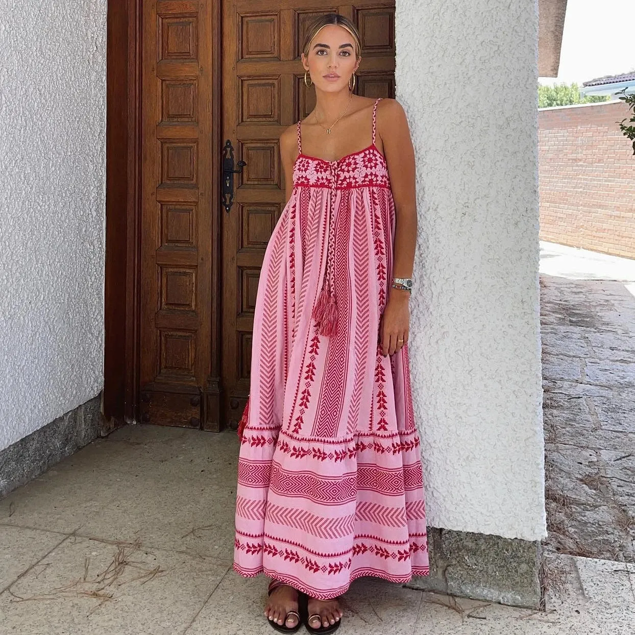 Summer Maxi Dress Boho Pink Crochet Strap Dresses