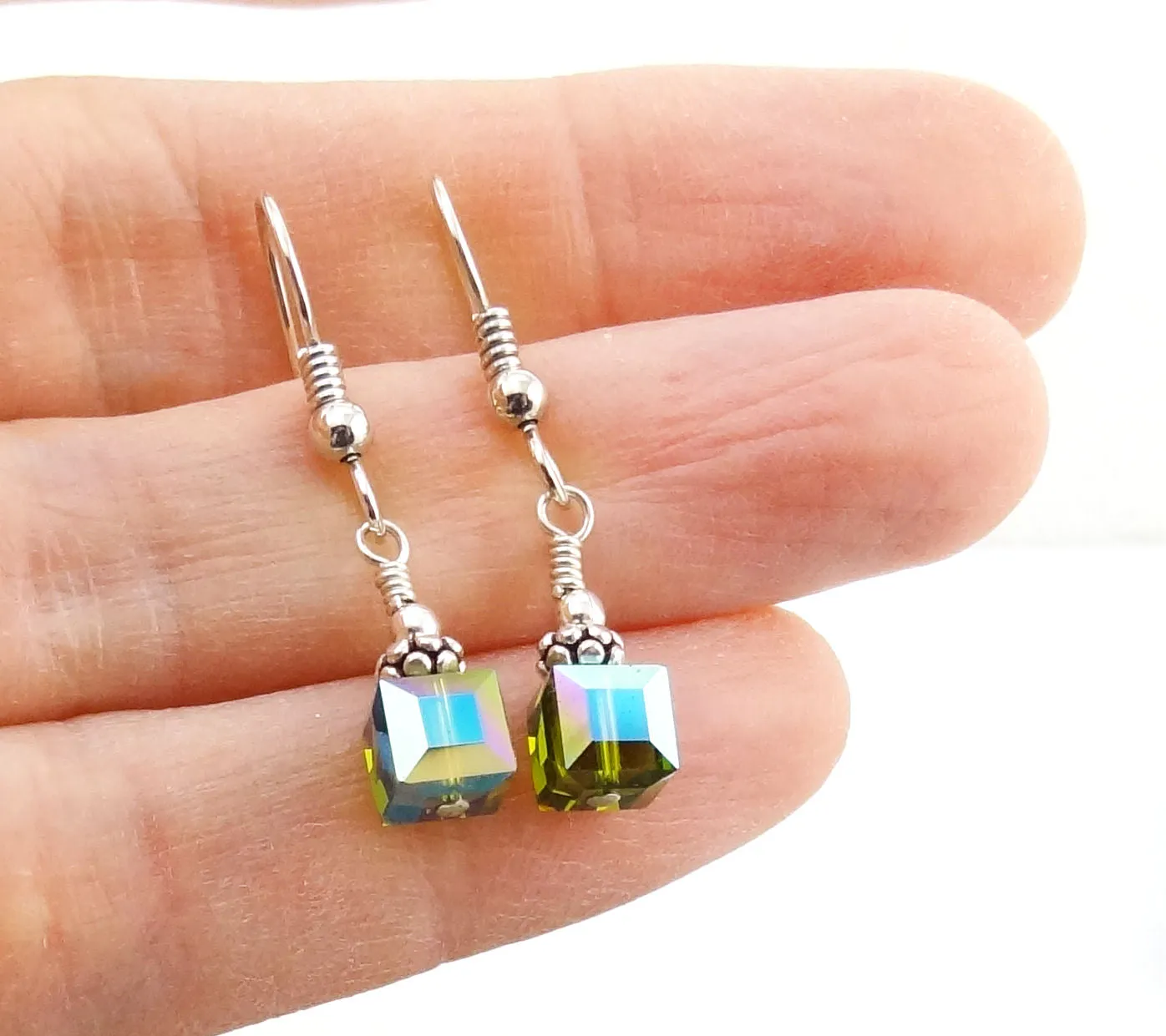 Swarovski Crystal Cube Earrings - Olivine
