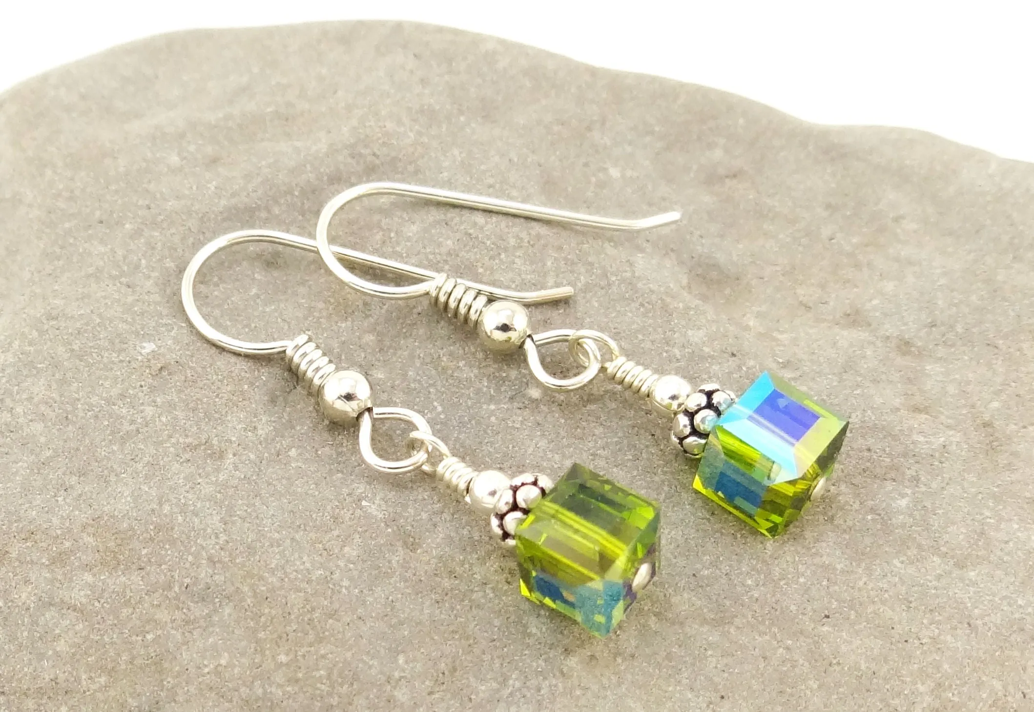 Swarovski Crystal Cube Earrings - Olivine
