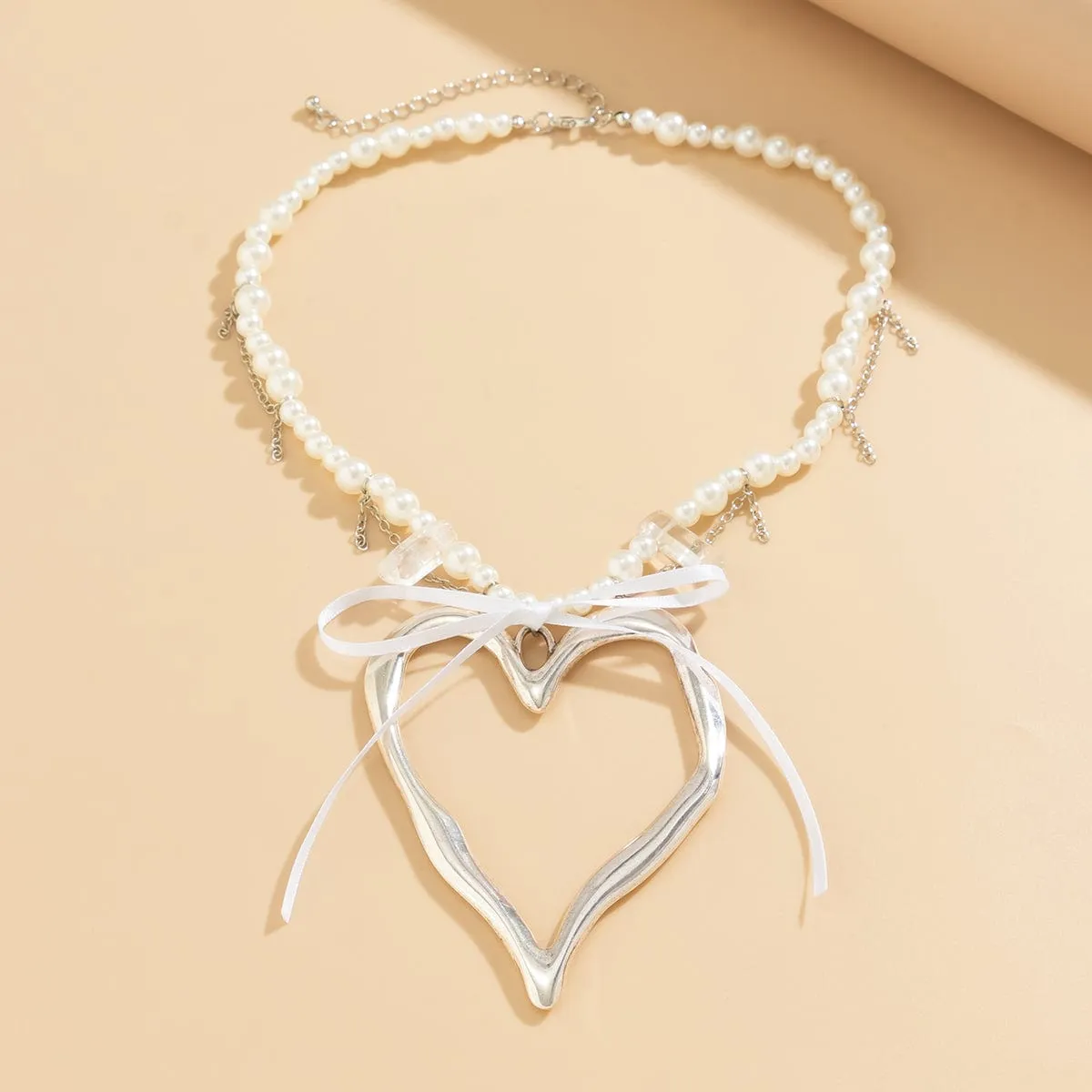 Temperament Heart Pendant Pearl Chain Tassel Necklace