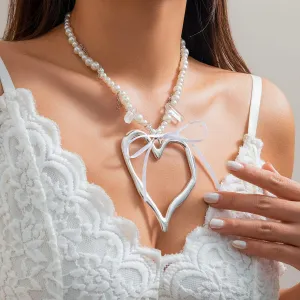 Temperament Heart Pendant Pearl Chain Tassel Necklace